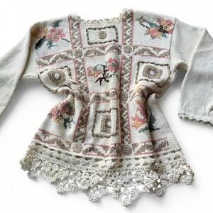 Tiara International Sweater S Cream Floral Knit Crochet Trim Cottagecore